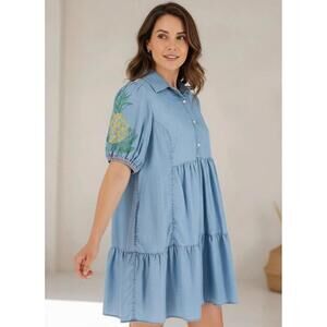 Crown & Ivy Embroidered Pineapple Tiered Chambray Dress Oversized Womens Medium